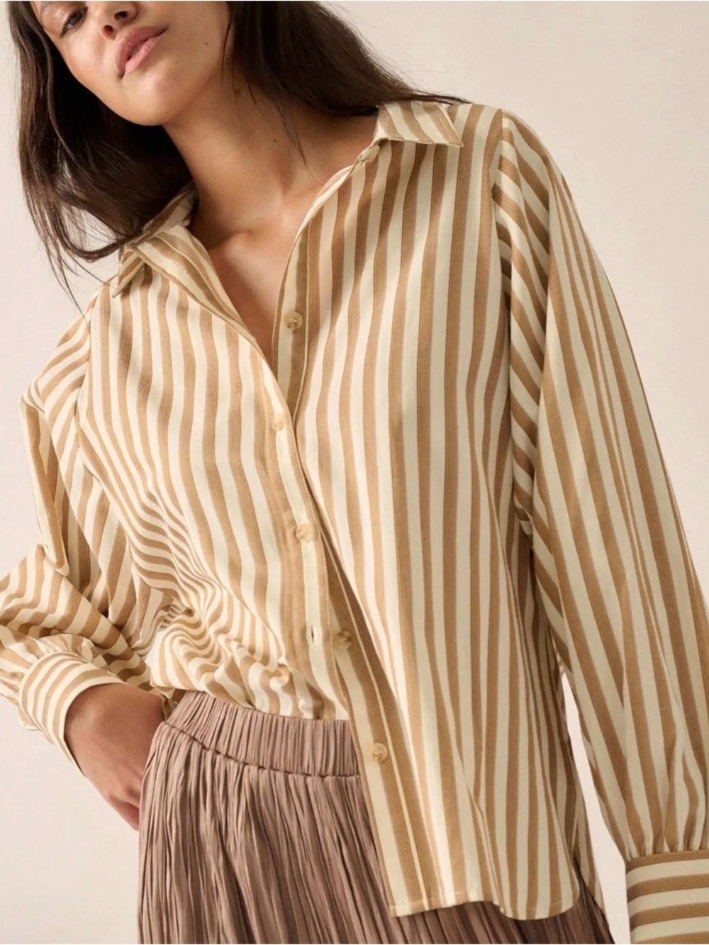 Promesa Striped Button-Down Shirt in Beige and Cream